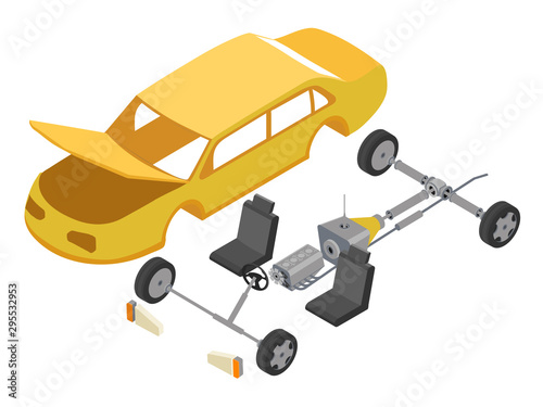Disassembled car isometric vector illustration