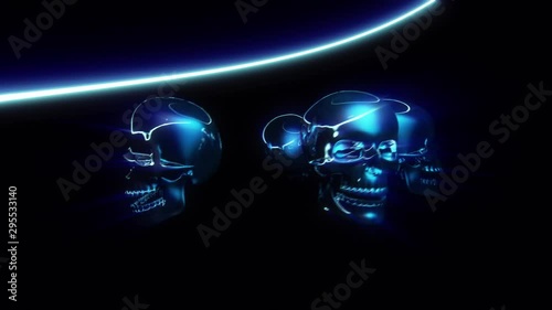 Animated metallic skulls with 3d neon lines tracer and lights on the beat, blue purple color. photo
