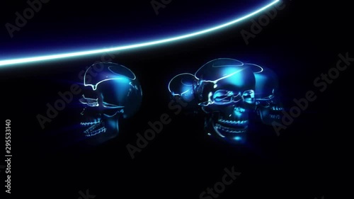 Animated metallic skulls with 3d neon lines tracer and lights on the beat, blue purple color.
