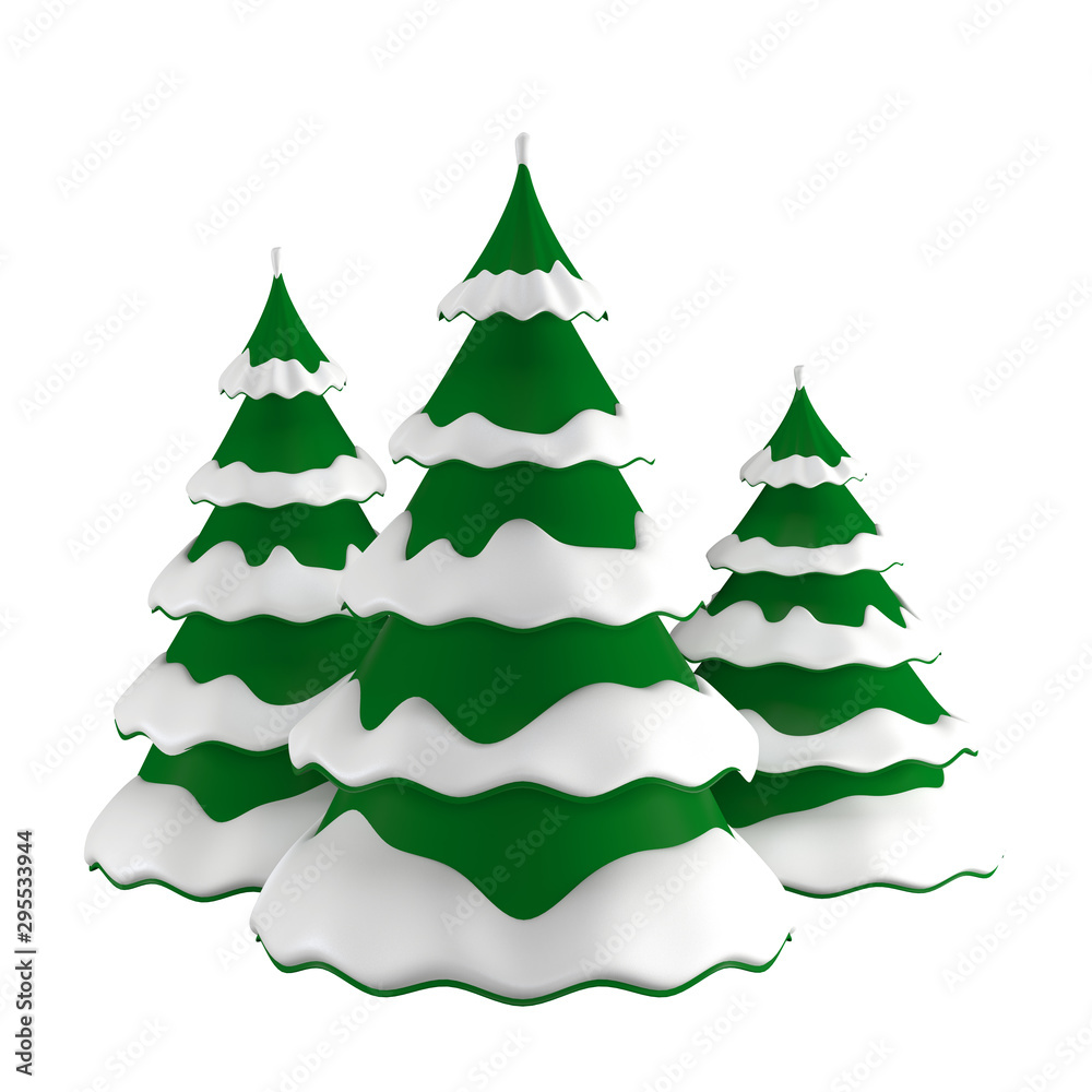 Christmas trees in the snow. Isolated over white background. 3D illustration