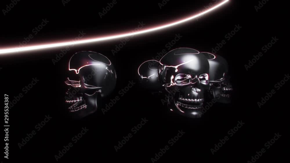 Animated metallic skulls with 3d neon lines tracer and lights on the beat, white red color. 