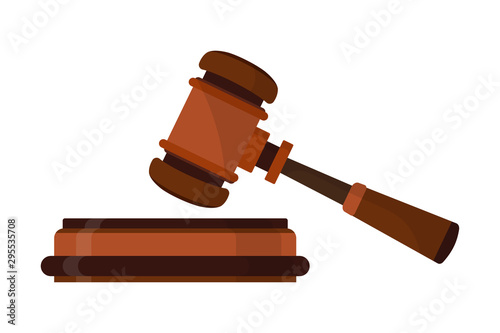 Wooden hammer, gavel flat vector illustration