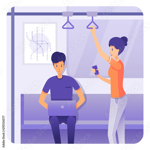 Passengers in underground train flat illustration