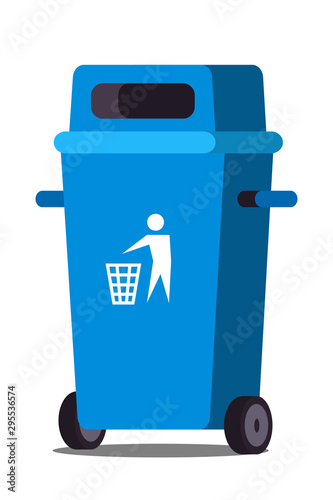 Blue trash can flat vector illustration