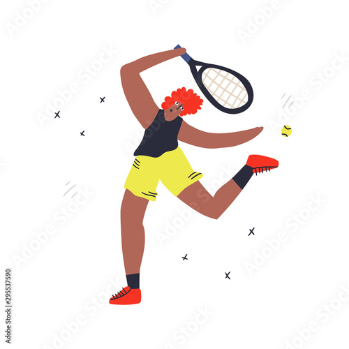 Female athlete playing tennis flat handdrawn illustration. Young girl hitting backhand volley cartoon character. Professional sportsman in motion. Sport training concept. T shirt print design