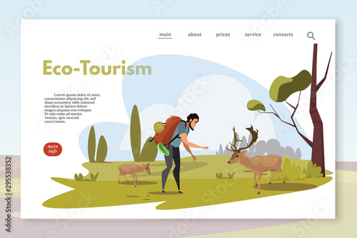 Eco-Tourism webpage template. Backpacker and deers flat vector illustration