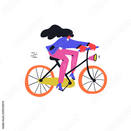 Woman riding bicycle flat hand drawn illustration. Businesswoman on bike cartoon character. Sportswoman doodle drawing. Active lifestyle concept. T shirt print, poster design element