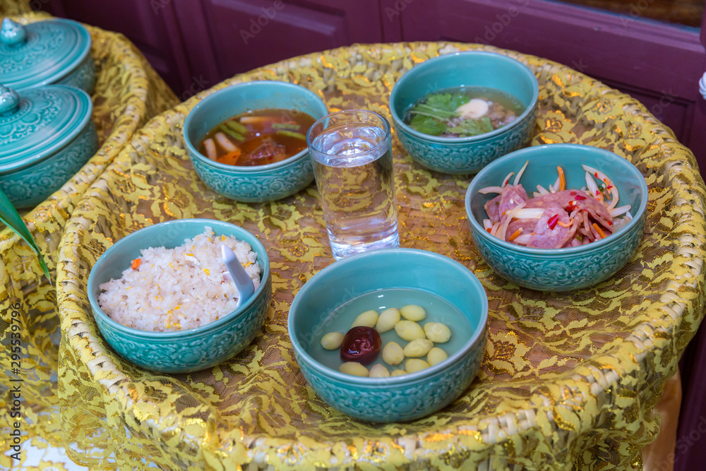 Fototapeta premium Delicious thai food set served on bamboo plate. lunch and or dinner set of culture thai food. present for traveler and tourist.