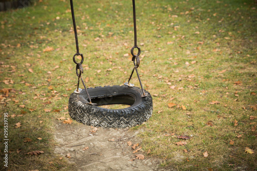 Car tire used as a swing on a tree in the garden