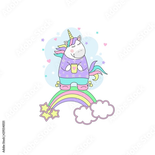 Vector illustration of a cute unicorn magic with a Cup of coffee and a rainbow. Children's print on the shirt. Cute cartoon style Doodle unicorn with quote.