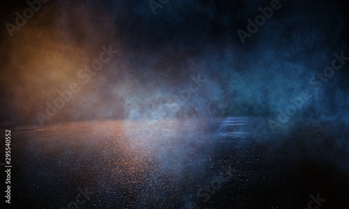 Wet asphalt, reflection of neon lights, a searchlight, smoke. Abstract light in a dark empty street with smoke, smog. Dark background scene of empty street, night view,