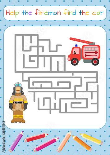 Character for training: firefighter, fireman. Labyrinth, maze. Man in firefighter uniform Educational game for children. Cartoon vector illustration