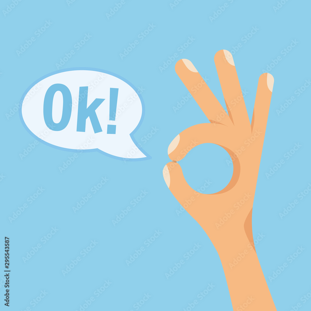 Human hand showing okay sign on blue background. Flat style vector concept cartoon illustration with text OK in speech bubble. Human hand showing okay sign on blue background. Flat style vector concept cartoon illustration with text OK in speech bubble.