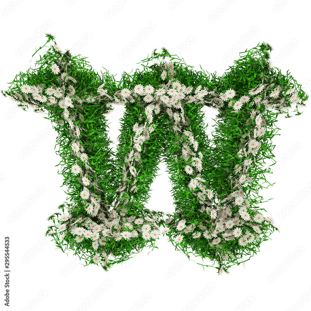 Letter W Of Green Grass And Flowers. Font For Your Design. 3D Illustration Letter W Of Green Grass And Flowers. Font For Your Design. 3D Illustration