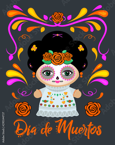 Dia de Muertos, Day of the Dead Spanish text Classic Mexican Catrina Doll and ornaments.