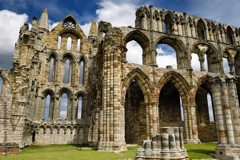 The North Transept in the middle of the Gothic ruins of Whitby Abbey cruciform church North Yorkshire England