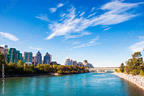 Skyline of the city Calgary, Alberta, Canada along the Bow River