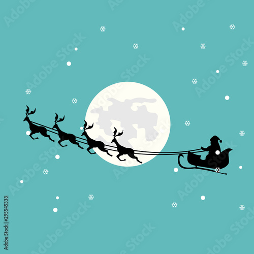 Christmas card of Santa Claus in his sleigh over a beautiful full moon