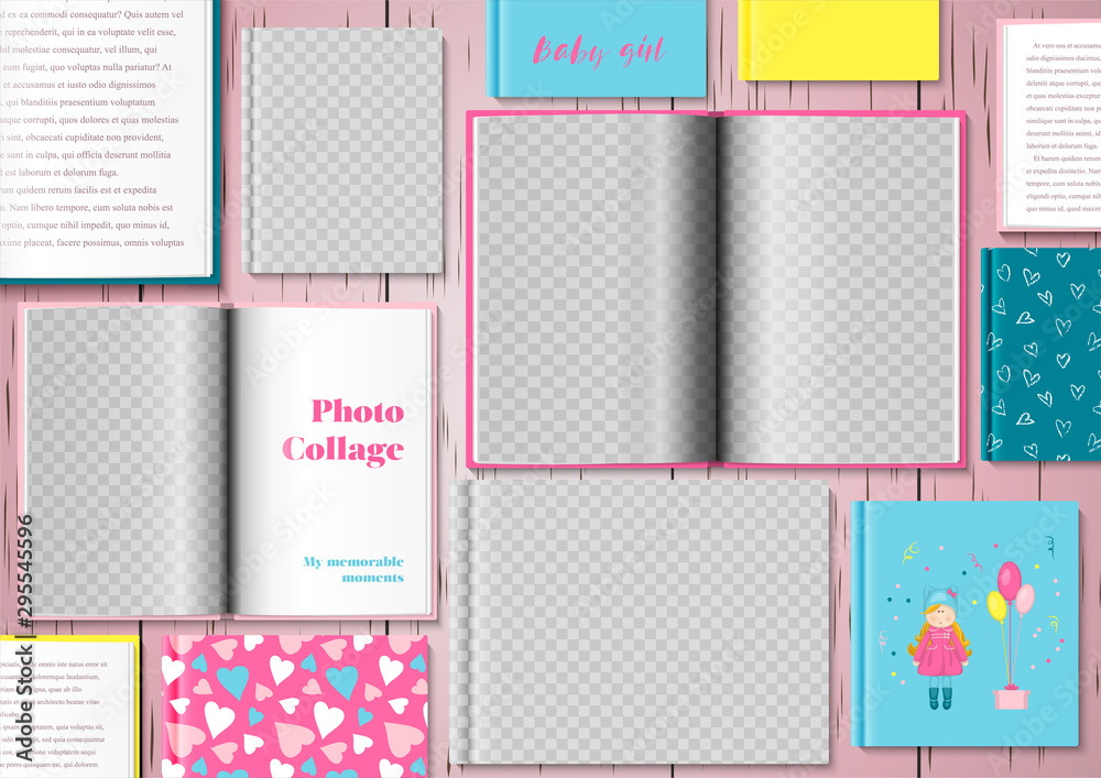 Template for photo collage in modern style. Frames for clipping masks are in the vector file. Template for a photo album. Lots of open and closed books Template for photo collage in modern style. Frames for clipping masks are in the vector file. Template for a photo album. Lots of open and closed books