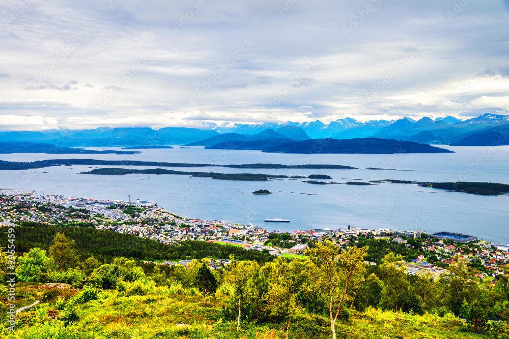 Aerial day view of Molde, Norway during the cloudy afternoon