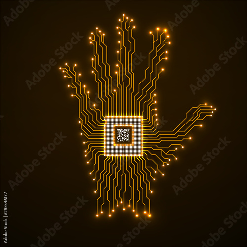 Abstract neon hand with cpu, circuit board