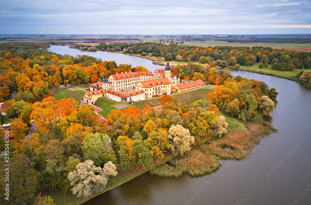 Autumn aerial view of Medieval castle in Nesvizh.