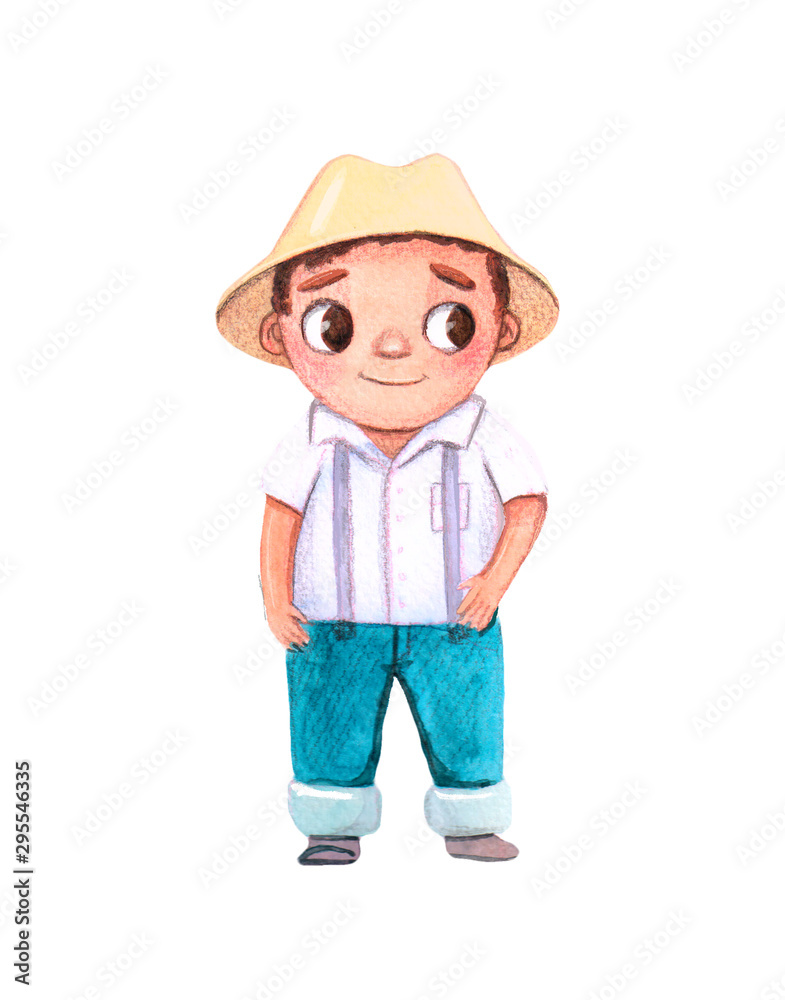 Watercolor character. cute boy, brown hair, brown eyes, in a yellow hat, white shirt and jeans Watercolor character. cute boy, brown hair, brown eyes, in a yellow hat, white shirt and jeans