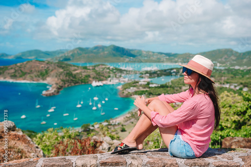 View of English Harbor from Shirley Heights, Antigua, paradise bay at tropical island in the Caribbean Sea