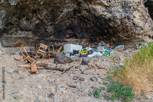Rubbish at the cave monastery Vanis Kvabebi carved into a cliff, Georgia photo