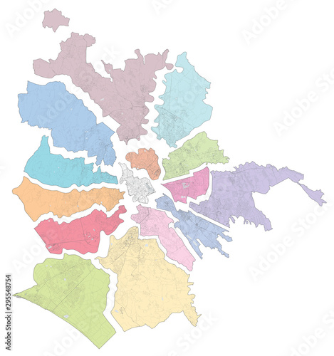Satellite map of Rome divided into areas and municipalities. Streets of the capital. Lazio. Italy