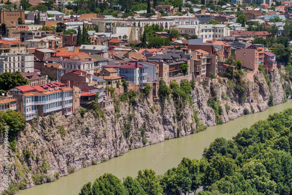 Fototapeta premium Aerial view of Mtkvari River in Tbilisi, Georgia