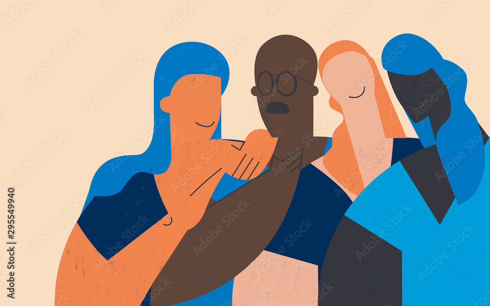 Men and women social workers. A team of professional caregivers. Blue orange geometric illustration.