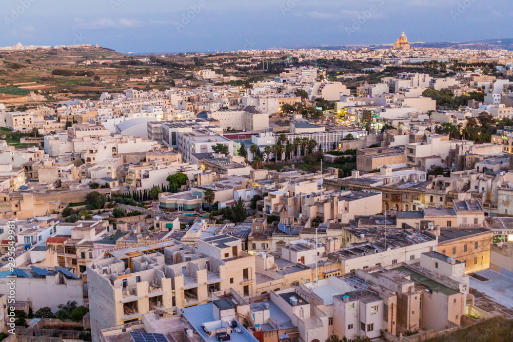 Evening aerial view of Victoria, Gozo Island, Malta