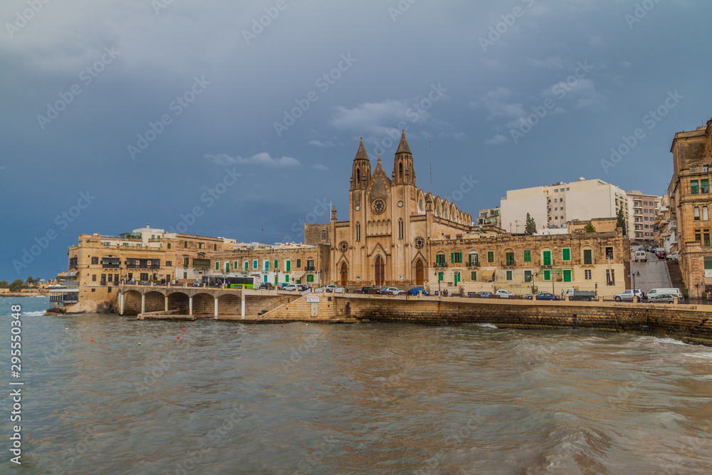 Sliema waterfront with the Church of Our Lady of Mount Carmel, Malta