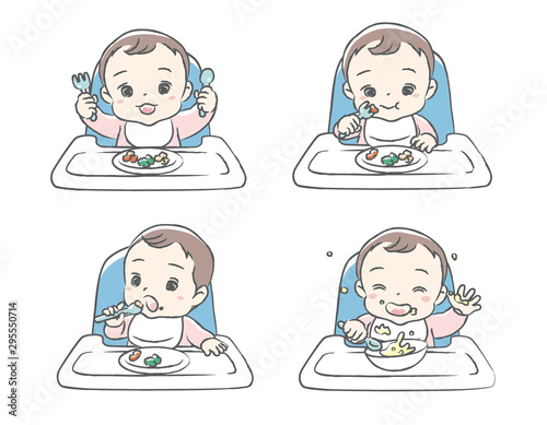 Baby eating baby food. Vector illustration.