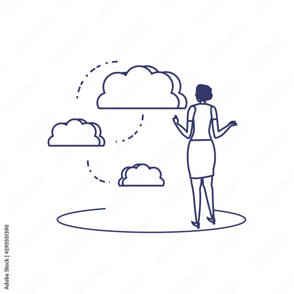 silhouette of woman sharing cloud information silhouette of woman sharing cloud information