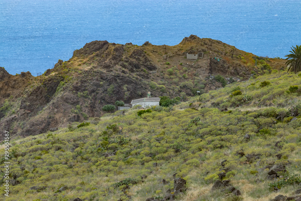 Parque Natural Majona. Northeastern part of La Gomera Island. Old volcanic mountains covered by green grass, thickets of relic laurels and heather on steep slopes. Canary Islands, Spain Parque Natural Majona. Northeastern part of La Gomera Island. Old volcanic mountains covered by green grass, thickets of relic laurels and heather on steep slopes. Canary Islands, Spain