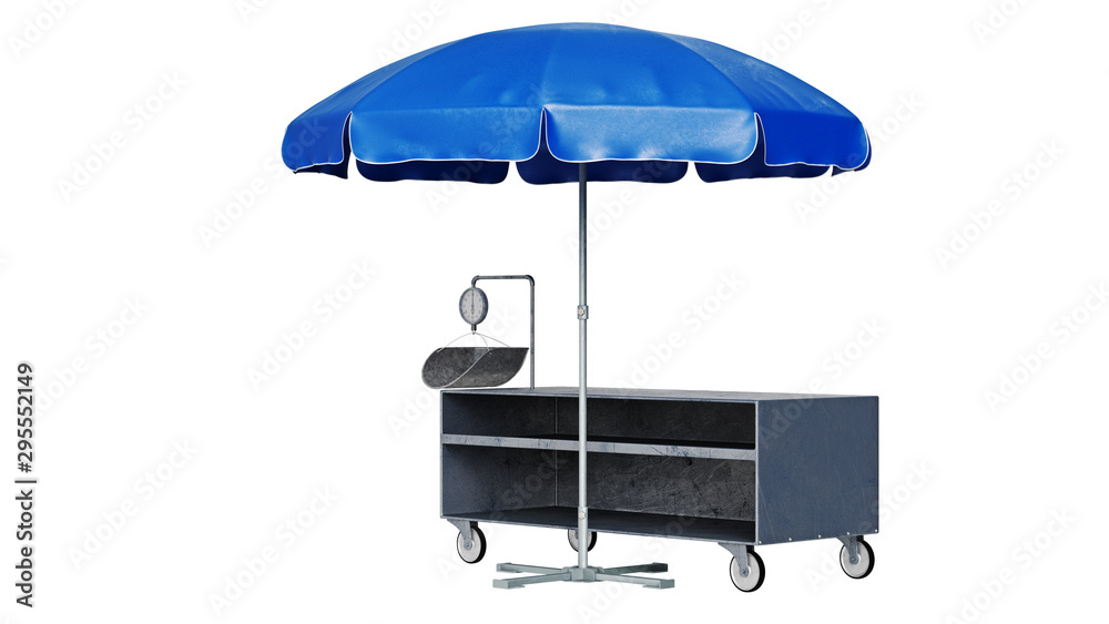 Blue street patio umbrella with showcase. 3D rendering Blue street patio umbrella with showcase. 3D rendering