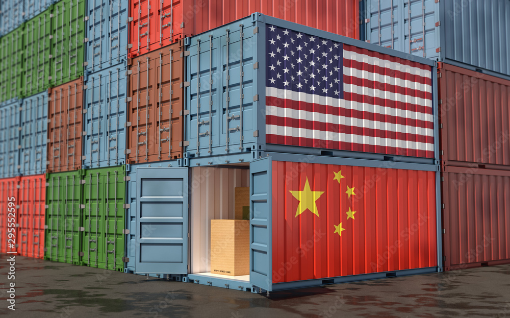 Fototapeta premium Stacks of Freight containers. USA and China flag. 3D Rendering