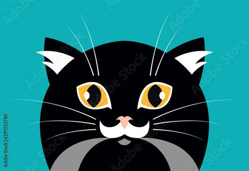 Face of black fluffy cat with big eyes and funny nose looking forward. Vector illustration character