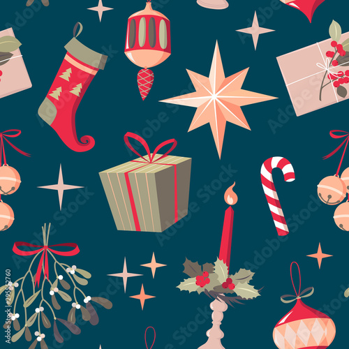 Winter holiday pattern on dark mystery background with Christmas attributes. Sock, gift box, lollipop, star, flashlight, candle, envelope, jingle bells, mistletoe, toys, decor. Vector