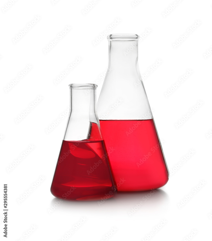 Conical flasks with red liquid on white background. Laboratory glassware Conical flasks with red liquid on white background. Laboratory glassware