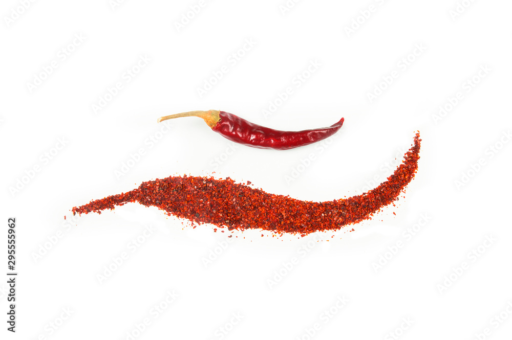 red dried crushed hot chili peppers and chili flakes or powder isolated on white background, healthy turkish spice red dried crushed hot chili peppers and chili flakes or powder isolated on white background, healthy turkish spice