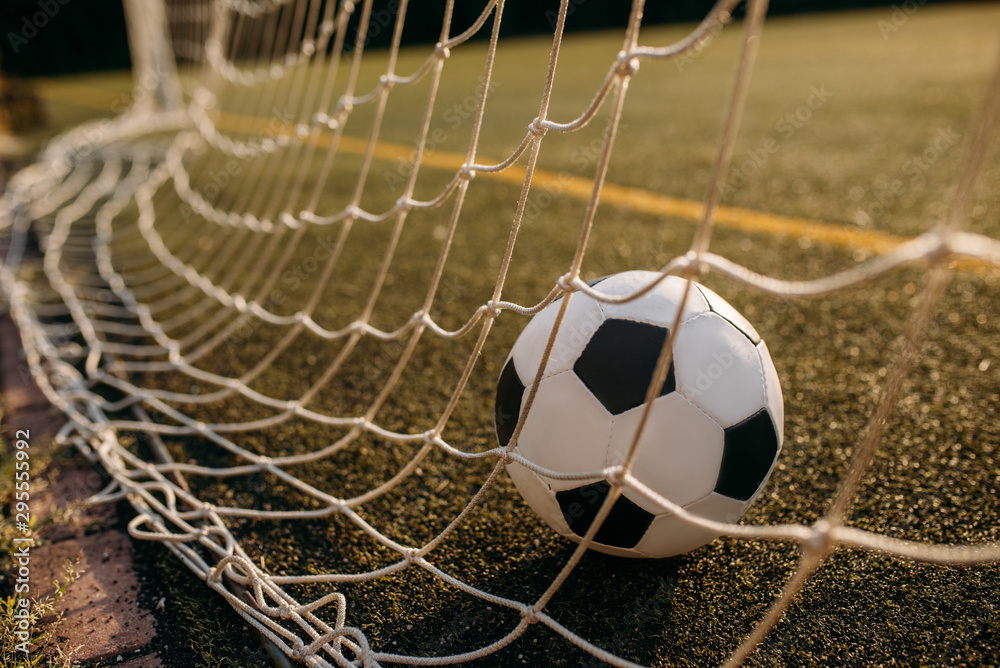 Naklejka premium Soccer ball in the gate net, nobody