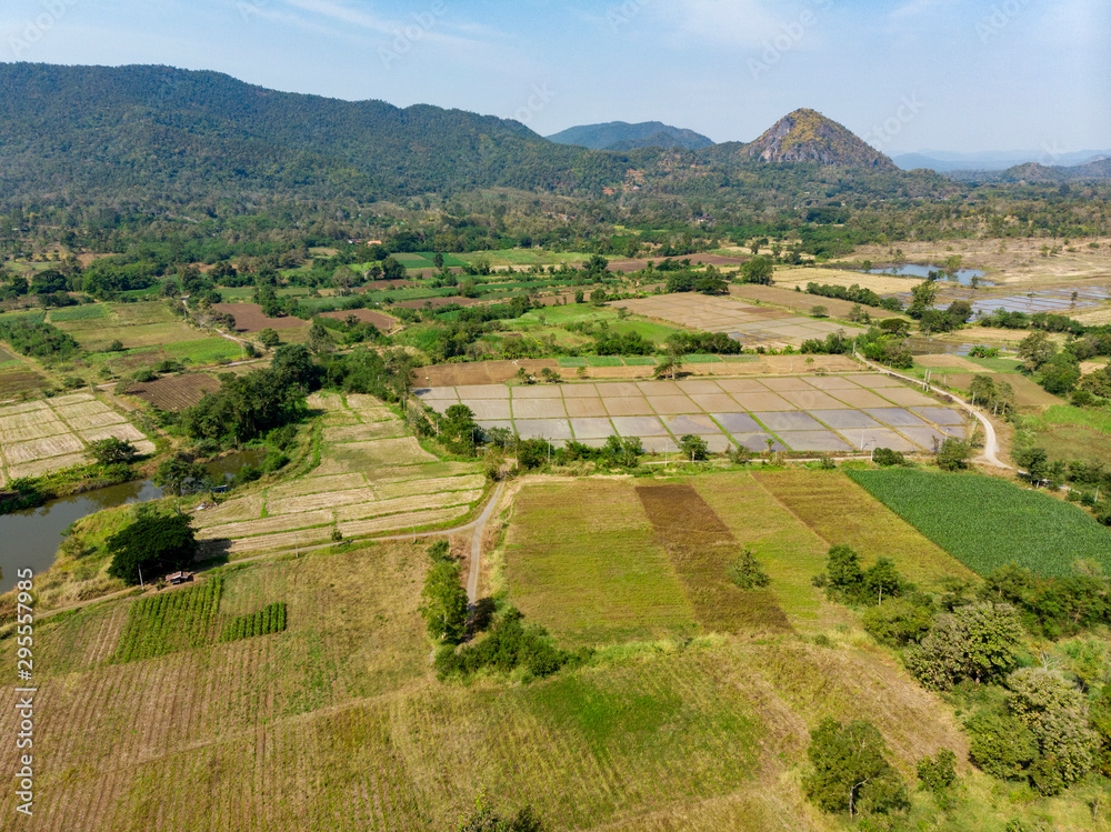 Aerial view of rice fields around Chiang Mai, Thailand