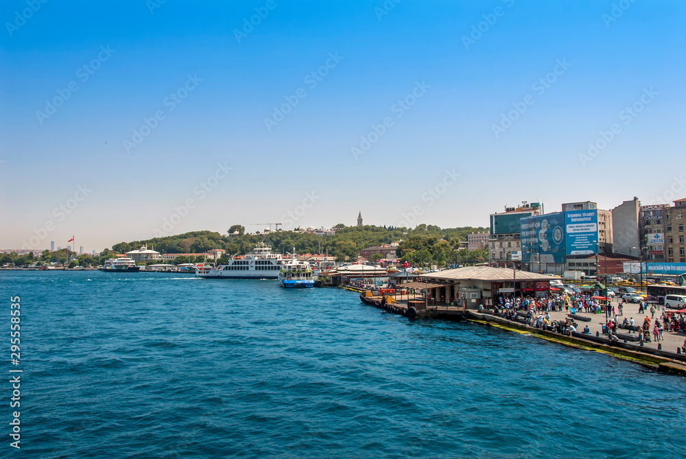 Istanbul, Turkey, 29 June 2019: Eminonu city ​​lines ship port.