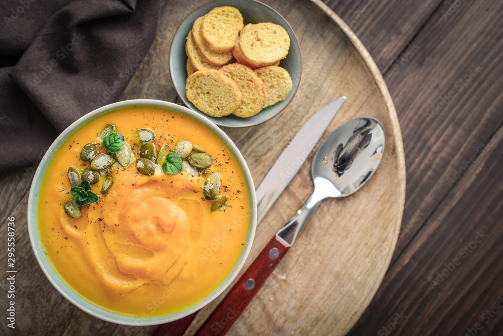 Pumpkin soup with seeds and croutons Pumpkin soup with seeds and croutons