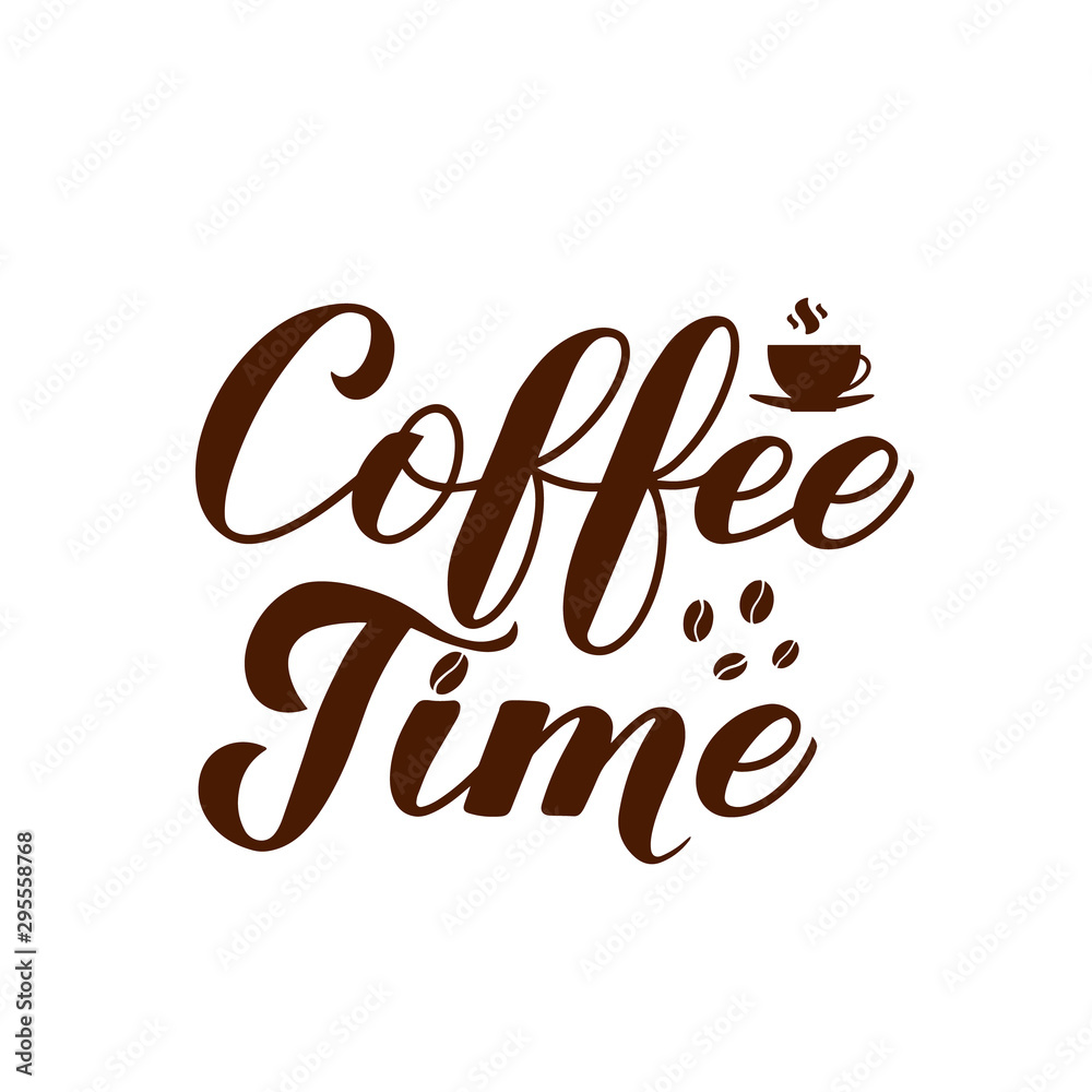 Coffee Time calligraphy hand lettering with coffee beans and cup isolated on white. Easy to edit vector template for banner, typography poster, flyer, sticker, mug, card, t-shirt, etc. Coffee Time calligraphy hand lettering with coffee beans and cup isolated on white. Easy to edit vector template for banner, typography poster, flyer, sticker, mug, card, t-shirt, etc.
