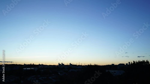 Tokyo,Japan-October 13, 2019: (180x times speed) Very clear Sunrise observed at the suburb of Tokyo after a gigantic typhoon, Hagibis, passed Tokyo area a few hours ago photo