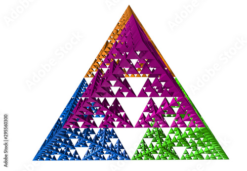 Blue Sierpinski triangle on white background. It is a fractal with the overall shape of an equilateral triangle, subdivided recursively into smaller equilateral triangles. 3D Illustration photo